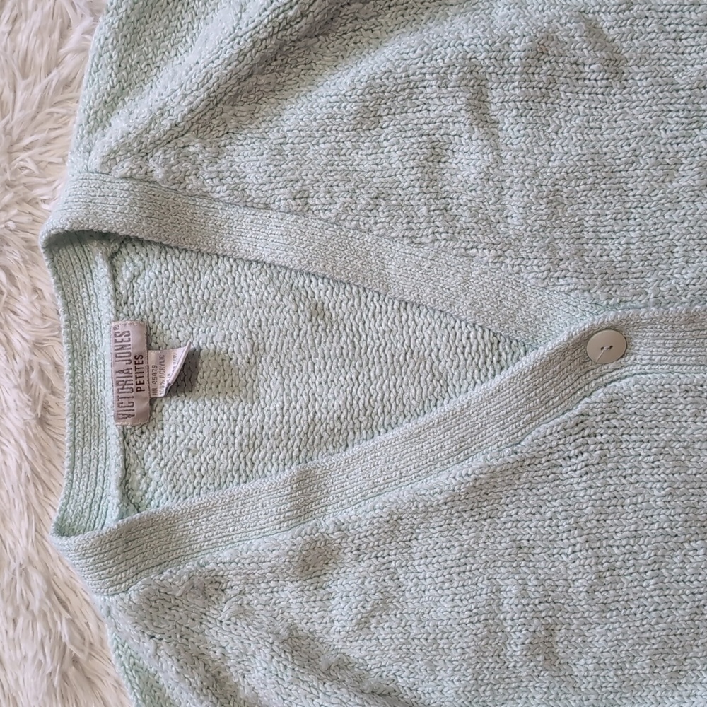 90s Vintage Victoria Jones Mint Knit Button Down Cardigan Petite Medium - Picture 2 of 8